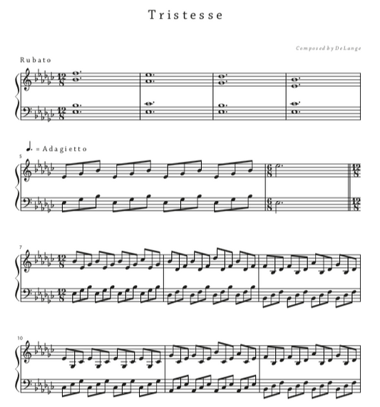 Piano sheet music download pdf Tristesse by DeLange